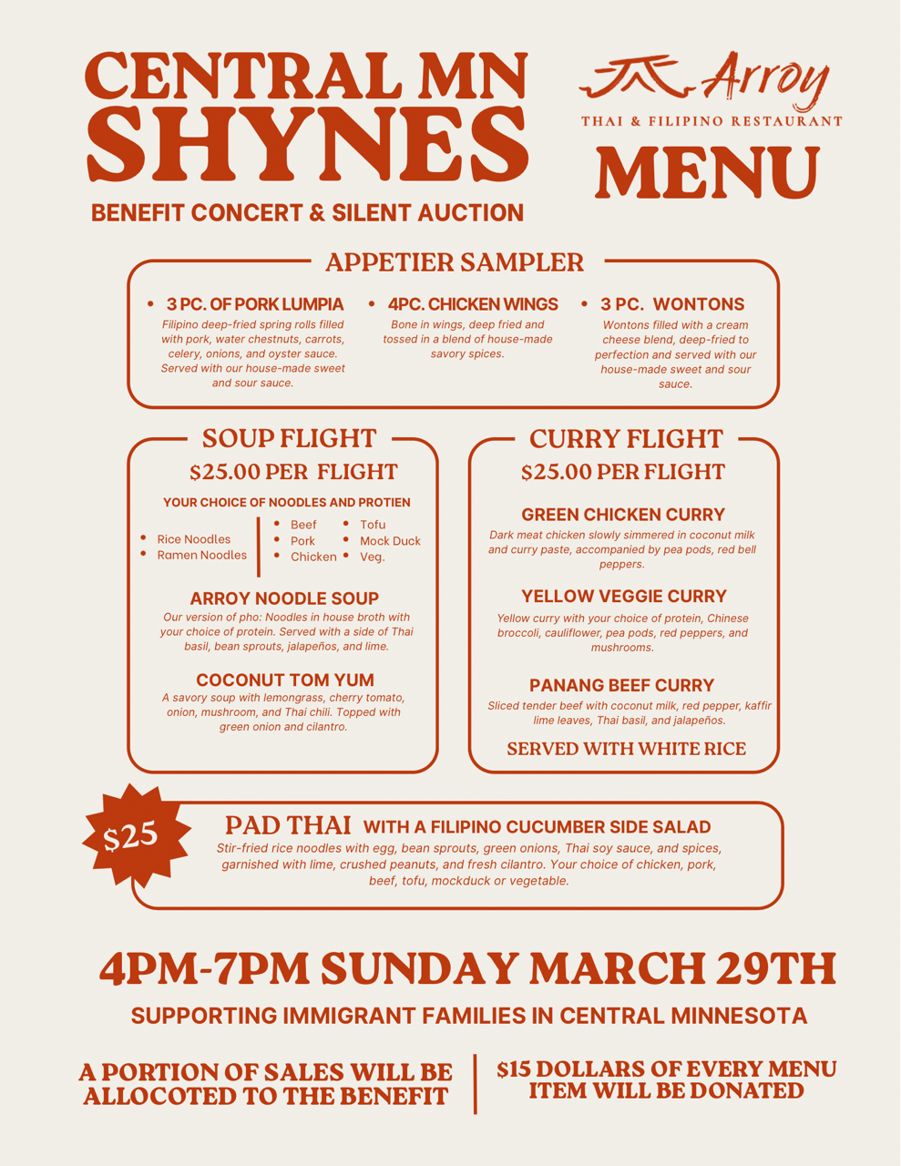 Central MN Shynes exclusive benefit menu by Arroy Thai & Philipino Restaurant on March 29 2026, from 4 to 7pm.